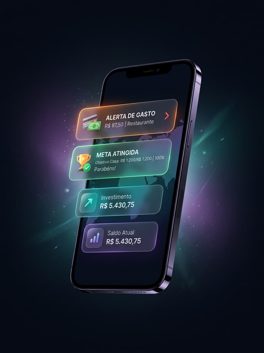 Notificações da Norā no celular: alerta de gasto, meta atingida, investimento e saldo atual